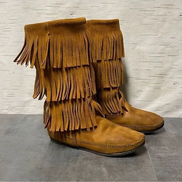 Minnetonka Women’s 3-Layer Fringe Brown Suede Leather Boots Size 8 - Picture 14 of 16